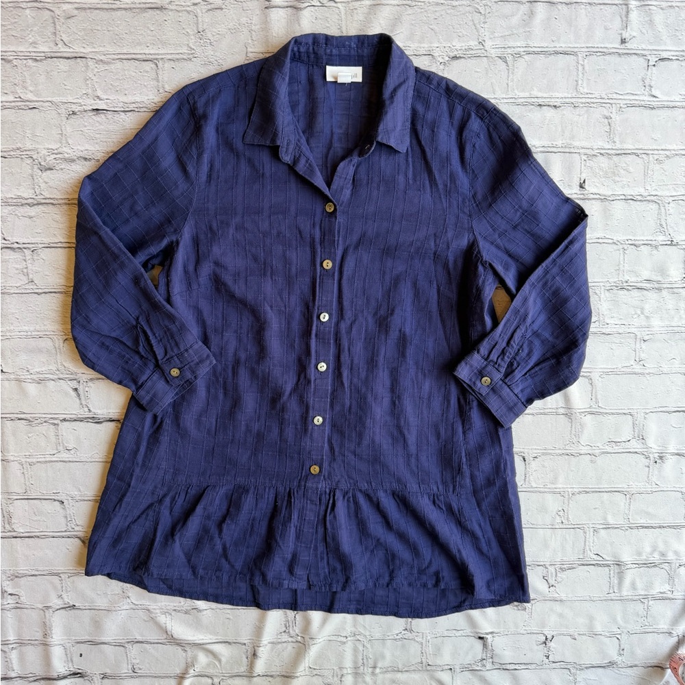 J. Jill Blue Blouse Cotton Lightweight Resort Peplum Button-Downshort Sleeve M